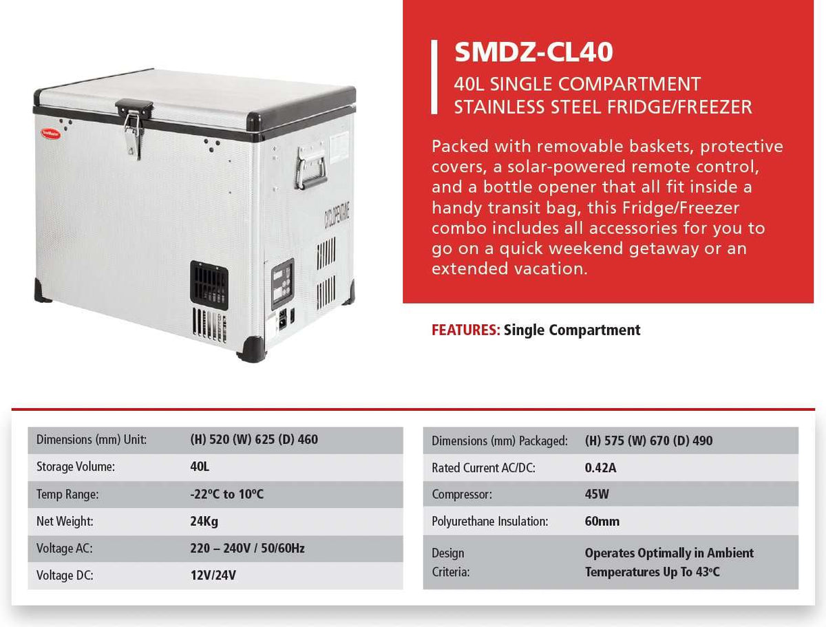 40L Single Compartment Stainless Steel Portable Fridge/Freezer AC/DC by Snomaster - Snomaster - SMDZ-CL40