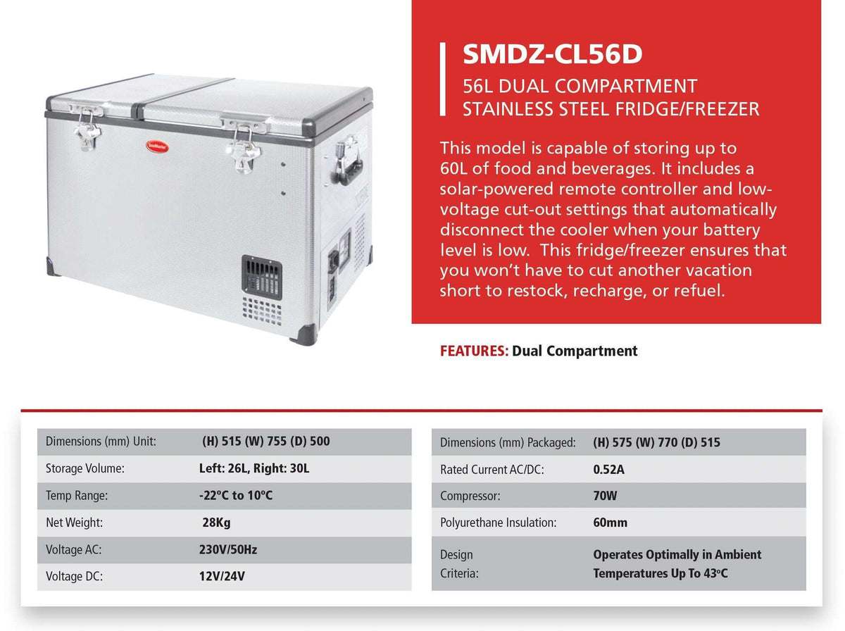 56L Dual Compartment Stainless Steel Fridge/Freezer AC/DC by Snomaster - Snomaster - SMDZ-CL56D