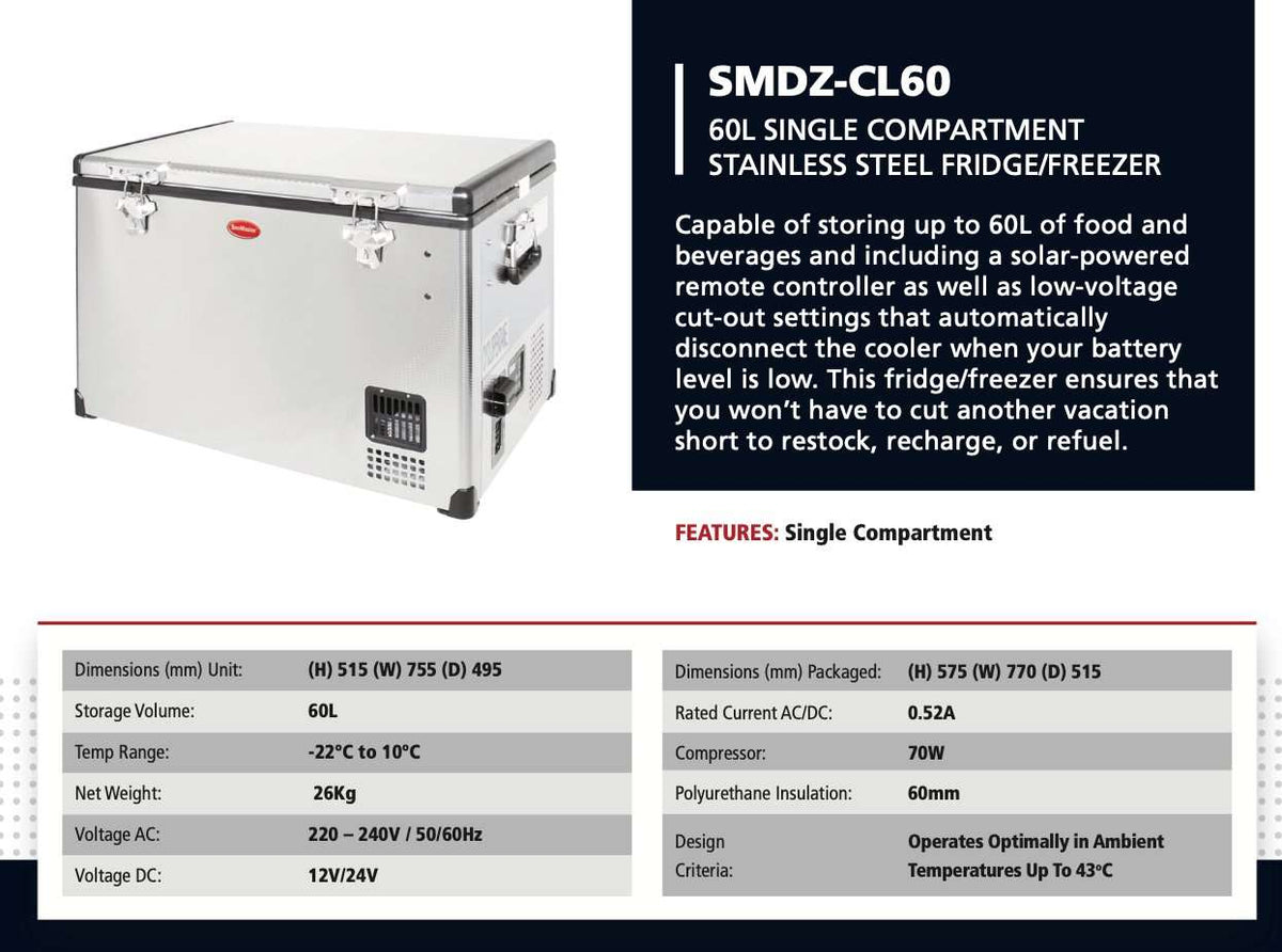 60L Single Compartment Stainless Steel Fridge/Freezer AC/DC by Snomaster - Snomaster - SMDZ-CL60