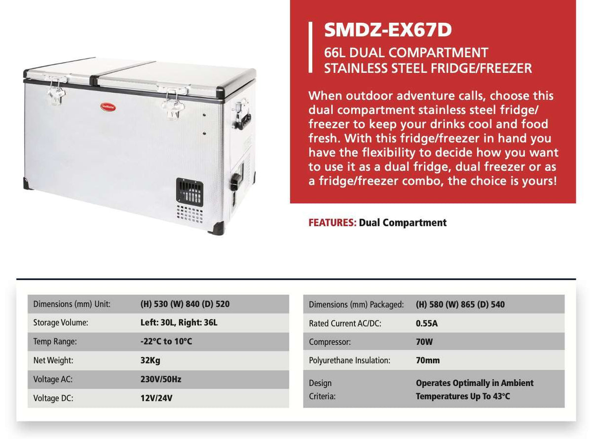 66L Dual Compartment Stainless Steel Fridge/Freezer AC/DC by Snomaster - Snomaster - SMDZ-EX67D