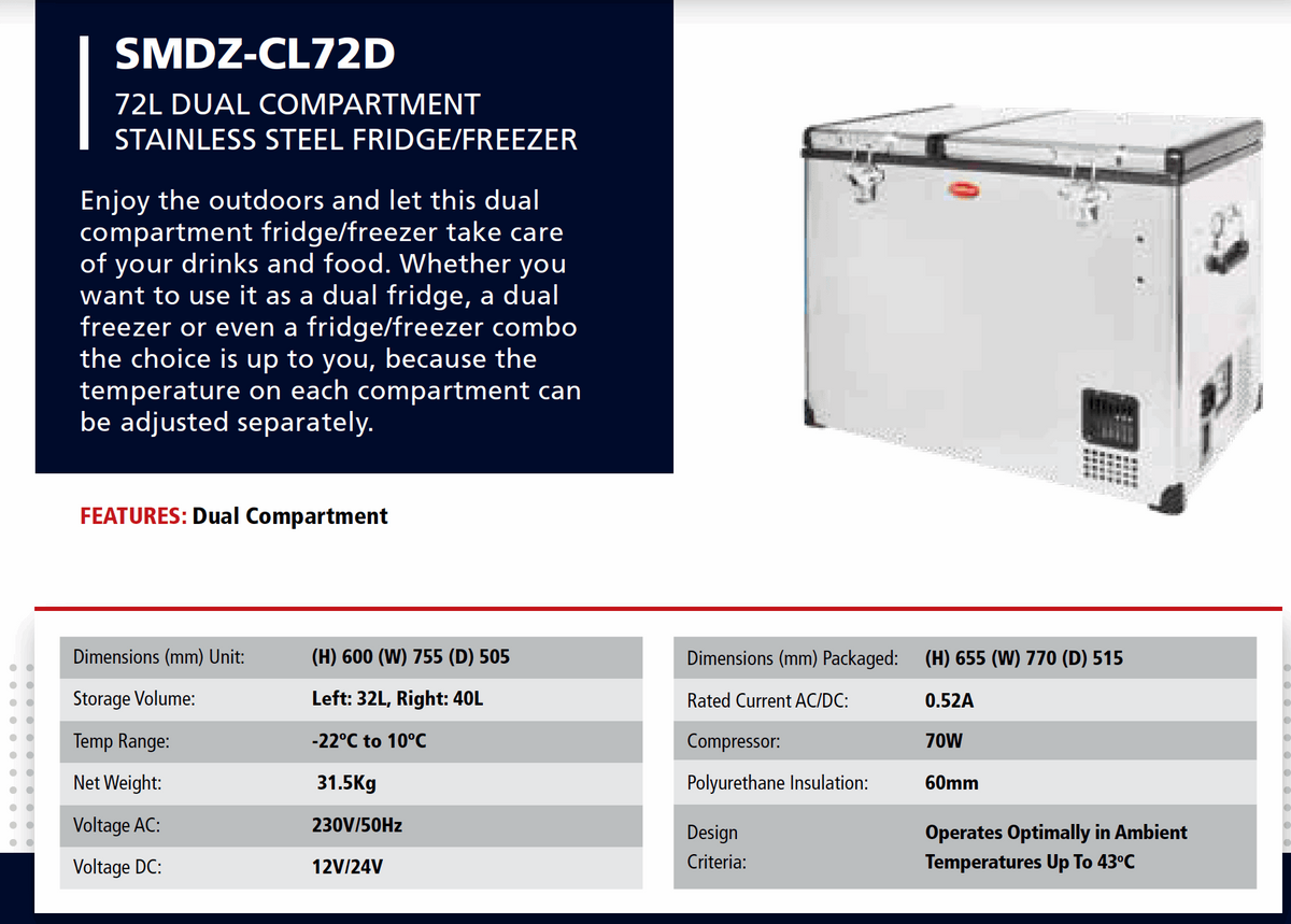 72L Dual Compartment Stainless Steel Fridge/Freezer AC/DC by Snomaster - Snomaster - SMDZ-CL72D