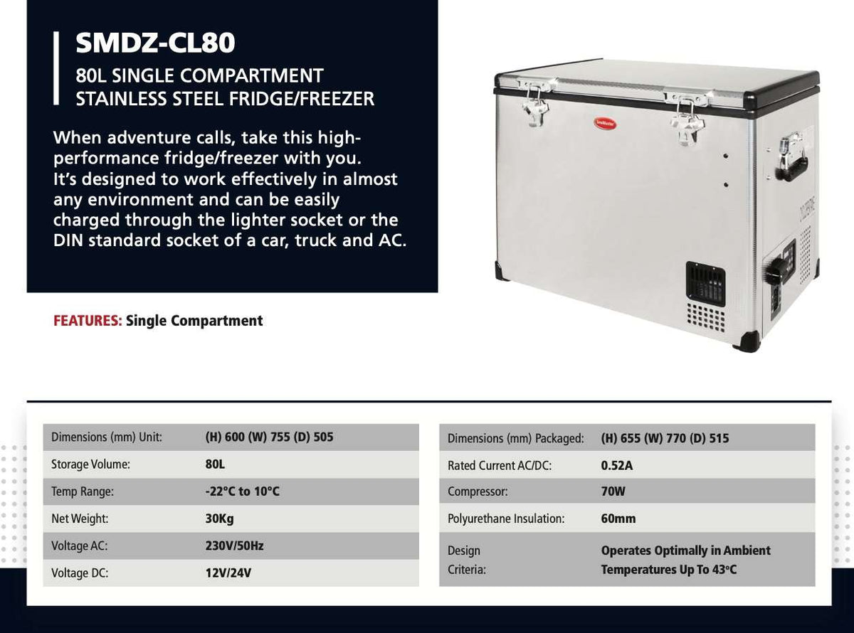 80L Single Compartment Stainless Steel Fridge/Freezer AC/DC by Snomaster - Snomaster - SMDZ-CL80